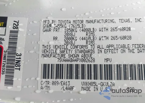 2023 Toyota Sequoia Limited из США, поврежденный, VIN 7SVAAABA4PX002628